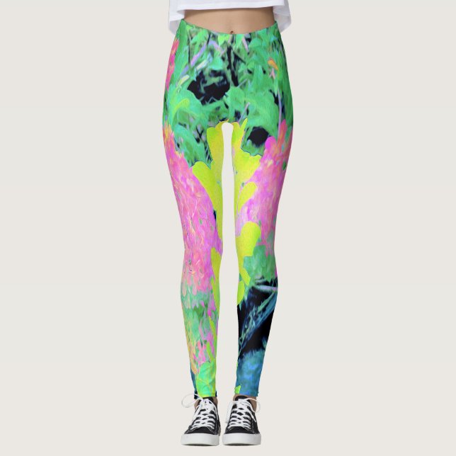 Legging Jardim de Hydrangea rosa com folhagem amarela (Frente)