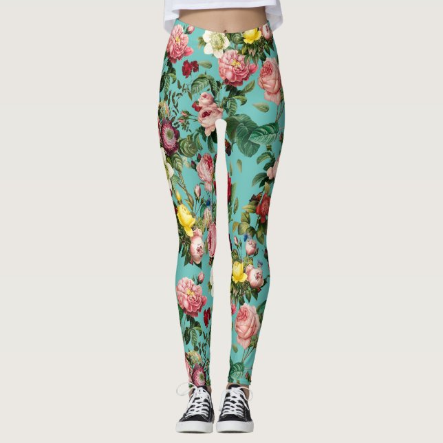 Legging Jardim de rosa de safra em fundo teórico (Frente)