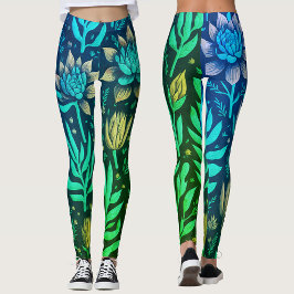 Legging Jardim de Turquesa Mágico Suculentas Padrão Floral