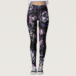 Legging Jardim Escuro Prateando Flores de Glama Púrpura Ne