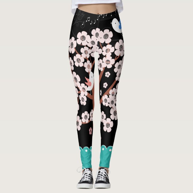 Legging Jardim Floral de Primavera com Pássaros Cantantes (Frente)