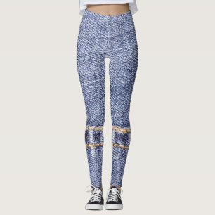 Legging Jeans azuis: textura pormenorizada da costura.