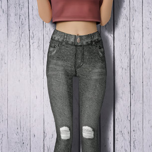 Legging Jeans Negra Do Joelho Enrugado Do Denim