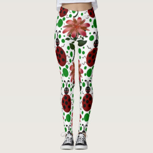 Legging Joaninha Fofa e Padrão de Flor Rosa Desenhado à