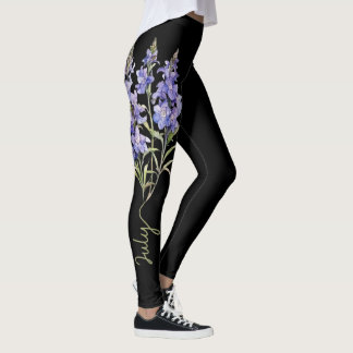 Legging Julho, Flor de Nascimento, Larkspur em Preto