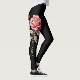 Legging June Birth Flower, Blush e Rosa Rosa Rosa em Preto