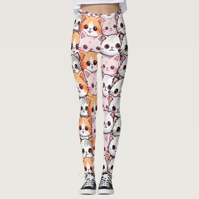 Legging Kawaii Cat feline Kitten rosto rabisco impressão (Frente)