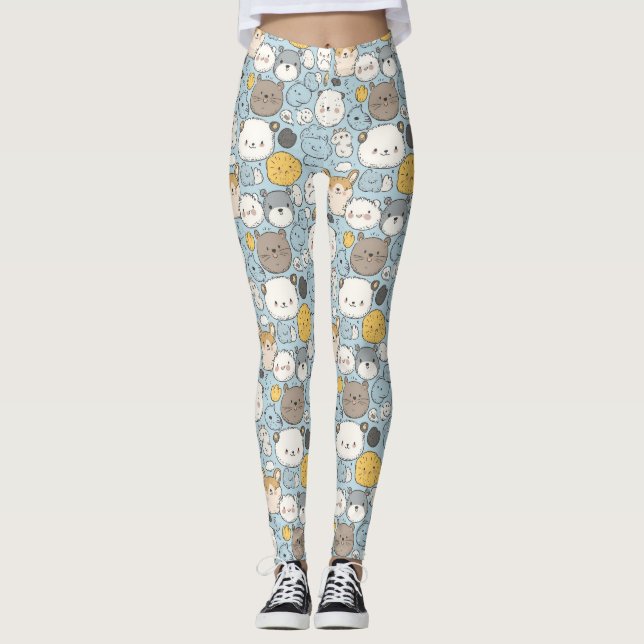 Legging Kawaii Frenzy: Rabisco Whimsical de animais fofos (Frente)