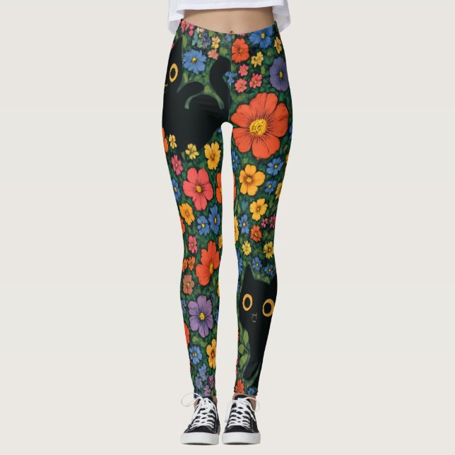 Legging Kawaii Garden Art – Cute Black Cat Floral Pattern (Frente)