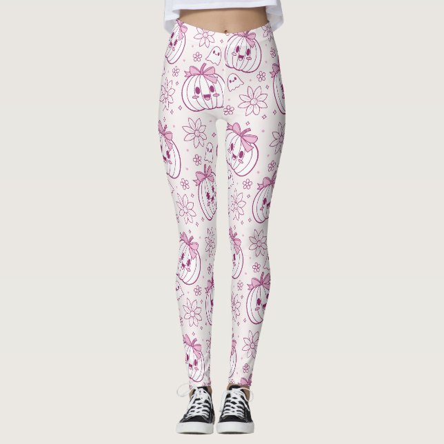 Legging Kawaii Pumpkins, Fantasmas e Flores (Frente)