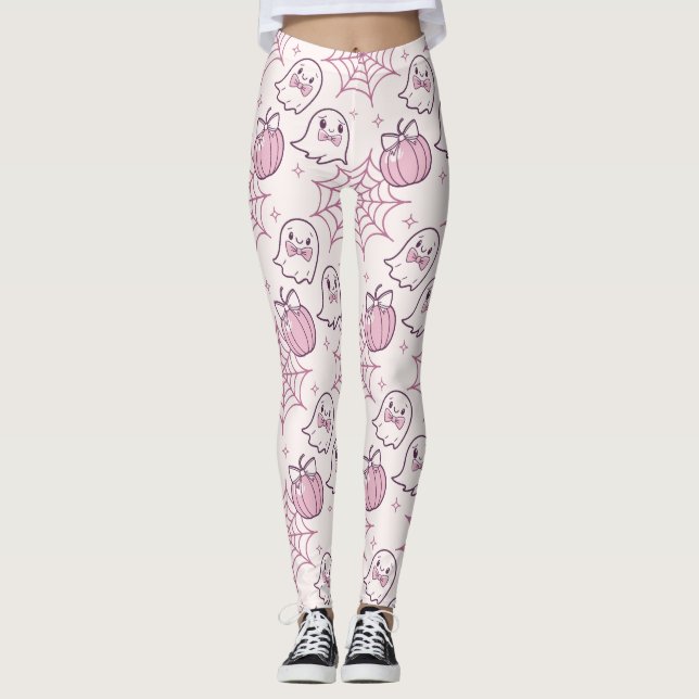 Legging Kawaii Rosa Halloween Fantasmas e Abóbora (Frente)