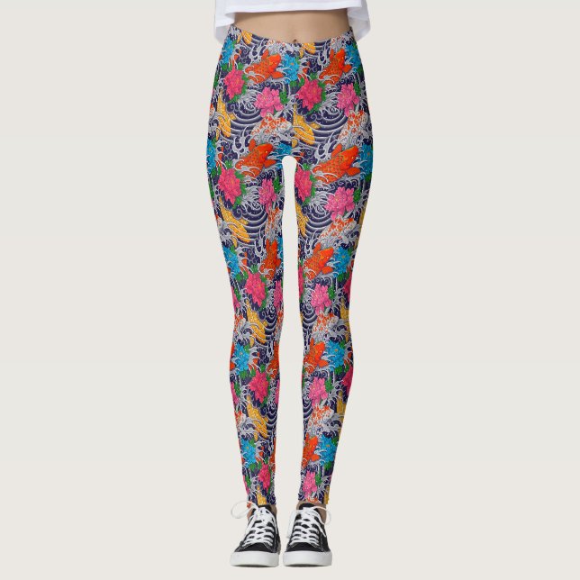 Legging Koi Fish Japonês Tatuagem Com Padrão Floral De Ond (Frente)