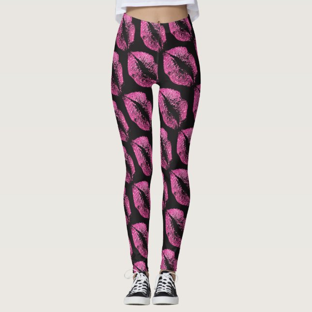 Legging Lábios cor-de-rosa brilhantes preto moderno (Frente)