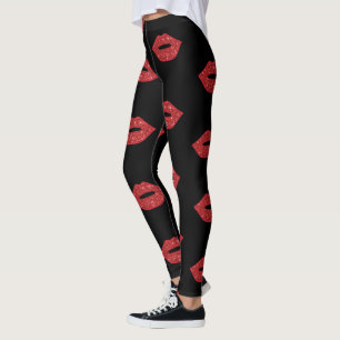 Legging Lábios Vermelhos Brilhantes Beijam Feminina Elega