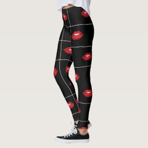 Legging Lábios Vermelhos de Padrão da Grade Preta e Branca