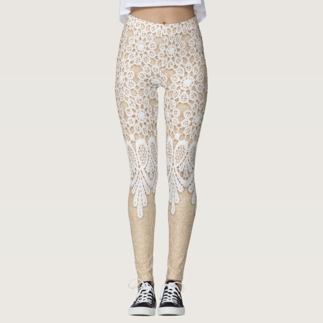 Legging Lace branco fundamental, design de tecido. (Frente)