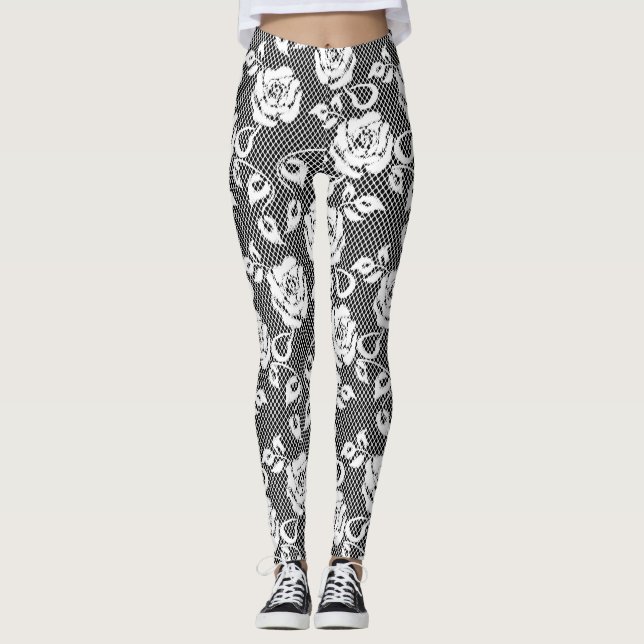 Legging Laço branco com os rosas em caneleiras pretas (Frente)