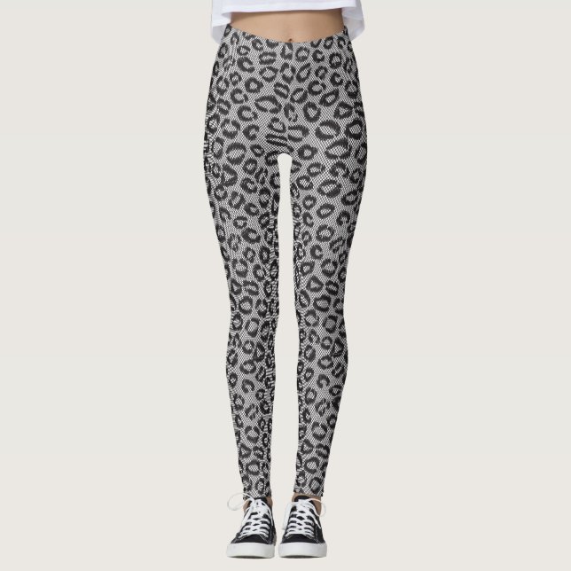Legging Laço líquido preto com teste padrão do leopardo no (Frente)