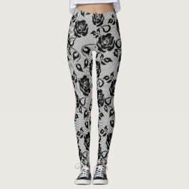 Legging Laço preto com os rosas nas caneleiras brancas
