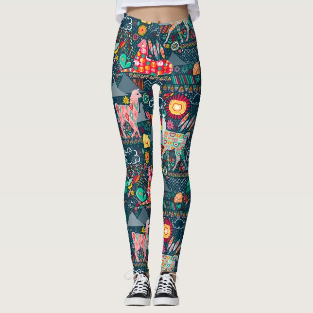 Legging Lamas bonitos em caneleiras azuis (Frente)