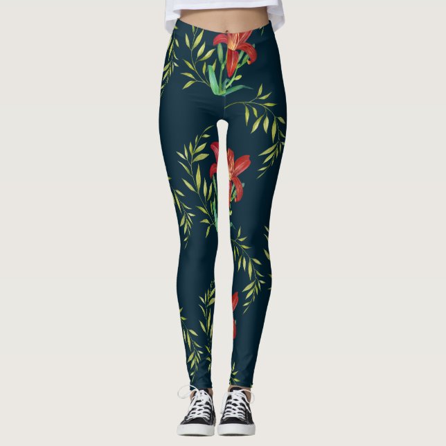Legging Laranja Aquarela Ilustração Lily Escura Turquesa (Frente)