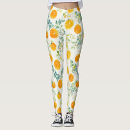 Legging Laranja Artística Cítrica E Folhas Padrão Aquarela