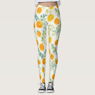 Legging Laranja Artística Cítrica E Folhas Padrão Aquarela