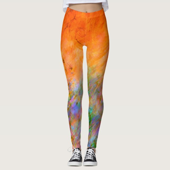 Legging Laranja Brilhante com verde, azul e púrpura pintad (Frente)