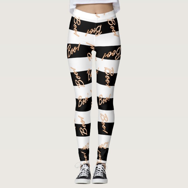 Legging Laranja de Halloween BOO Preto e Branco Listrado F (Frente)