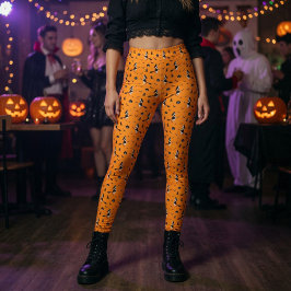 Legging Laranja de Halloween com Bruxas&Gatos Pretos