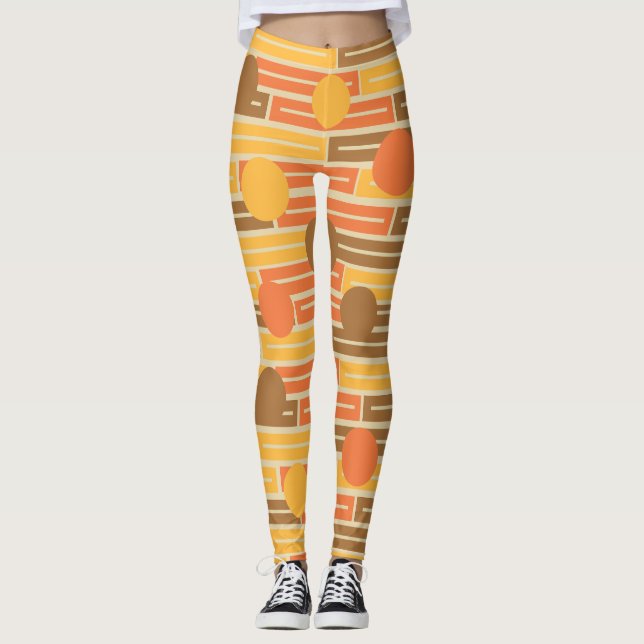 Legging Laranja, Dourado, Retângulos castanhos e Círculos (Frente)