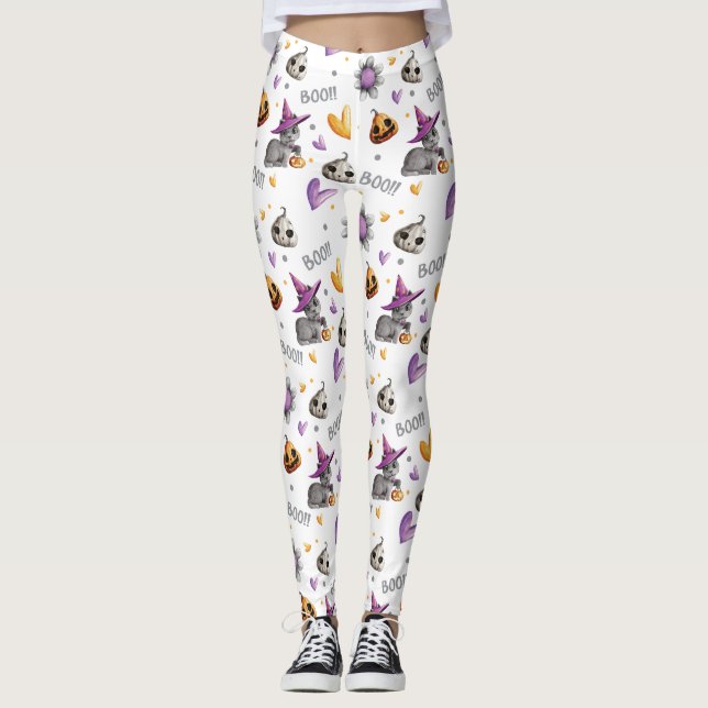 Legging Laranja e Gatos Roxos de Halloween Pumpkins e Cora (Frente)