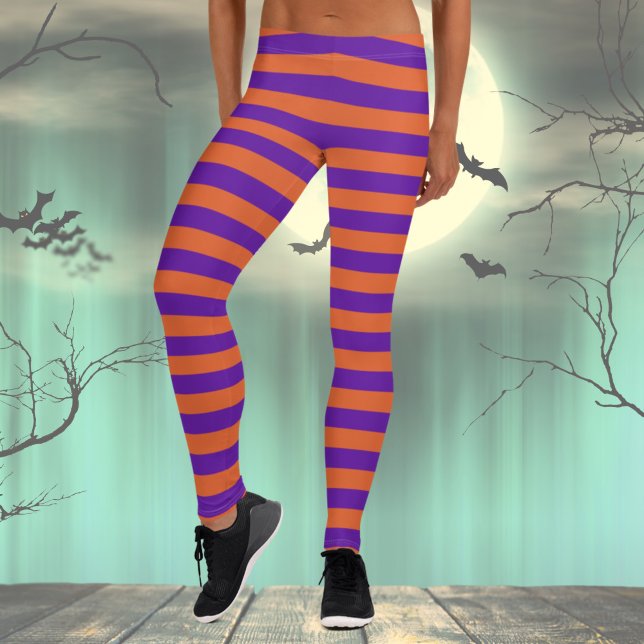 Legging Laranja e listrado roxo (Striped Halloween Costume Leggings for Women, Purple and Orange festive pants, Witch costume)
