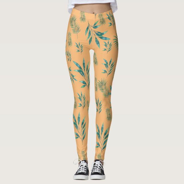 Legging Laranja e Verde Folhas de Palm de Aquarela (Frente)