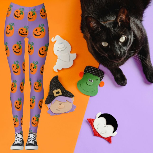 Legging Laranja Roxo Personalizado Feliz Jack O Lanterna (Cute pumpkins on purple background. Perfect for Halloween!)