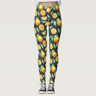 Legging Laranjas Limões Folhas Verdes Pretas