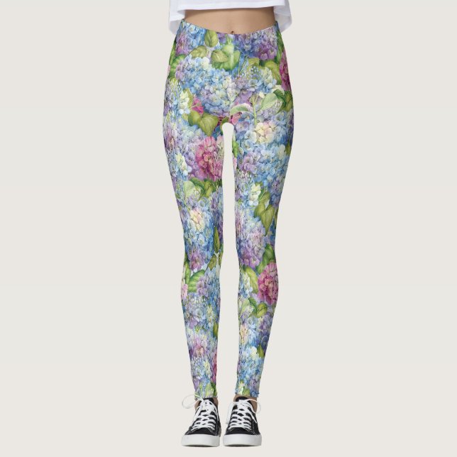 Legging Lavanda Azul Chic Hydrangea Padrão Floral (Frente)