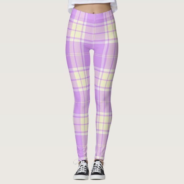 Legging Lavanda e caneleiras amarelas da xadrez (Frente)