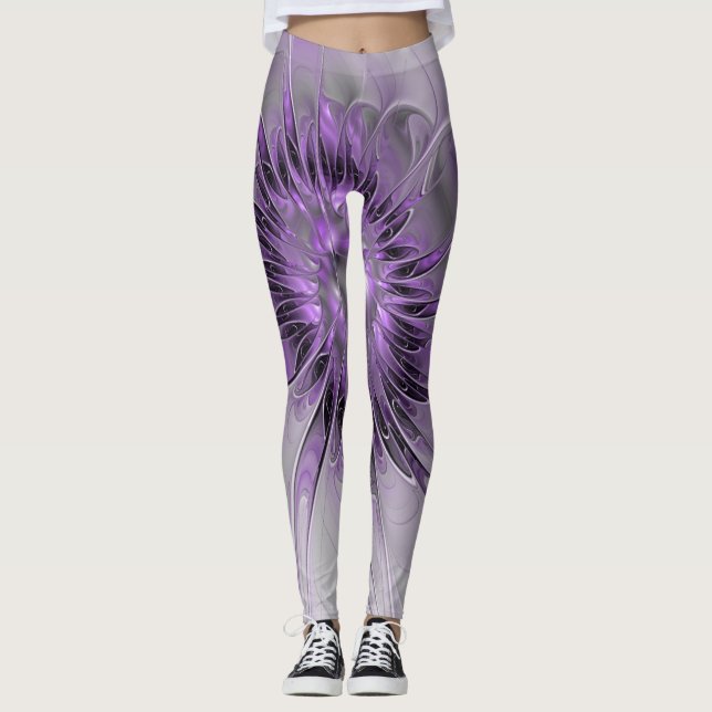 Legging Lavanda Flor Sonho Moderno Abstrato de Arte Fracta (Frente)