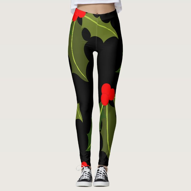 Legging Legagem de Natal Holly Leaf e Berry Pattern (Frente)