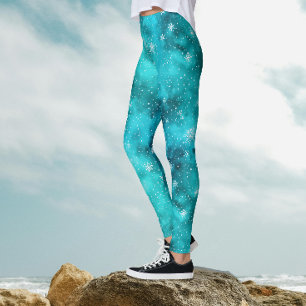 Legging Legal Turquesa Padrão de Neve de inverno Aquarela
