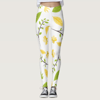 Legging Legenda branca com folhas verdes e flor amarela