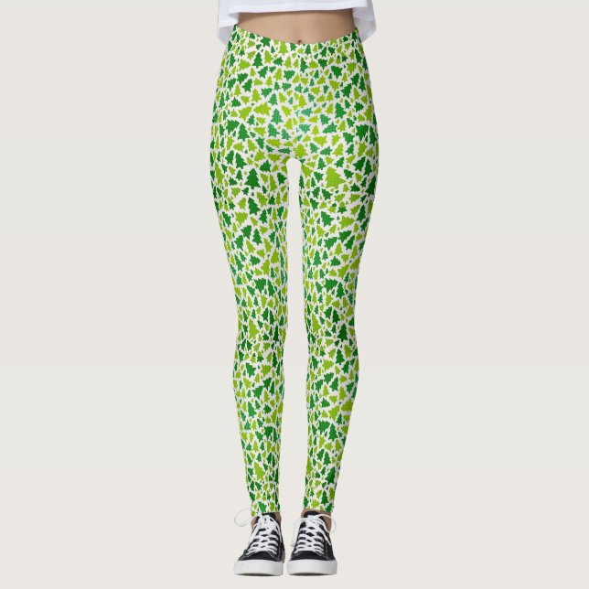 Legging Legenda de padrão de árvore de Natal verde e branc (Frente)