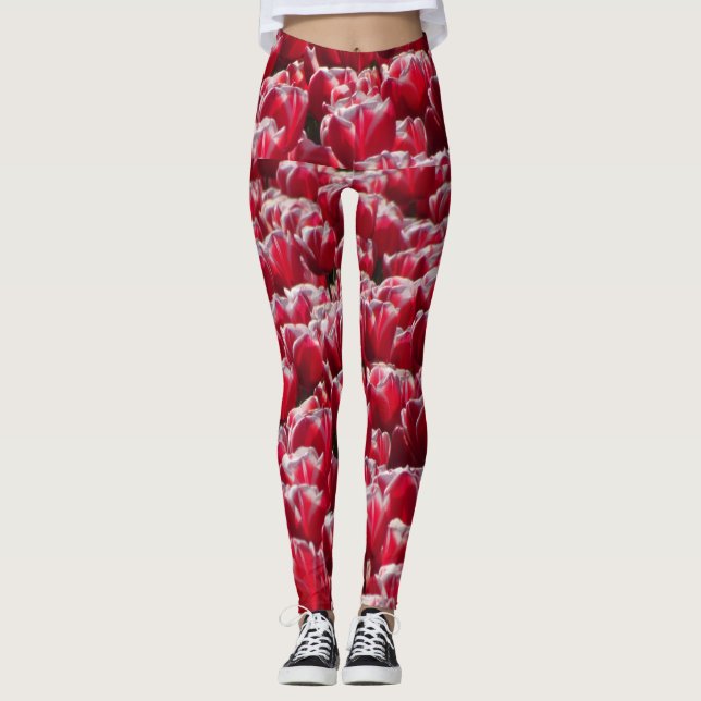 Legging Legenda do padrão das tulipas brancas vermelhas (Frente)