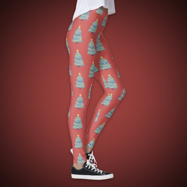 Legging Legenda vermelha com árvore de Natal Kawaii (Red Legging with Kawaii Christmas Tree)
