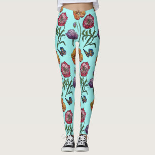 Legging Leggens Aqua Pequenas Papoilas Florais Aquáticas