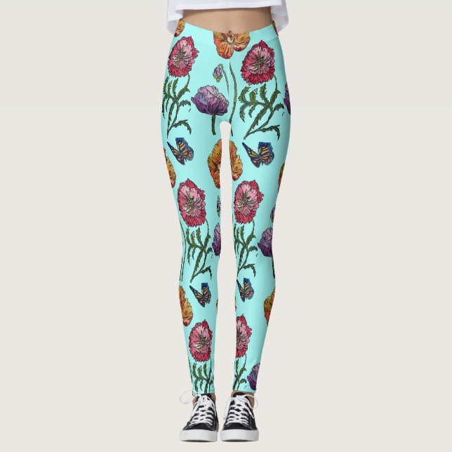 Legging Leggens Aqua Pequenas Papoilas Florais Aquáticas (Frente)