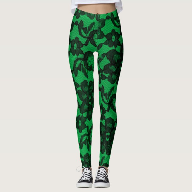 Legging Leggens de Abrangência de Lace Verde e Preto (Frente)