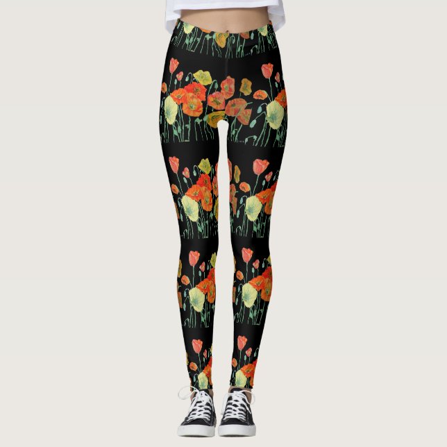 Legging Leggens de Arte Floral Laranja e Preta (Frente)