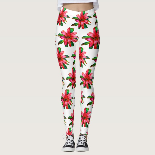 Legging Leggens de bromélia em vermelho e branco (Frente)
